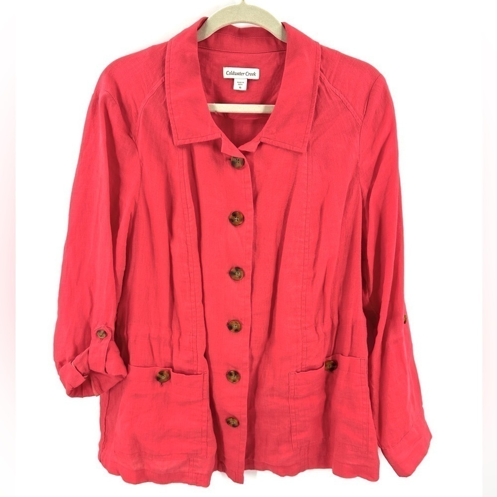 Coldwater Creek Linen Jacket Womens 16 Utility Cargo Gorp Chore Beachy Coastal